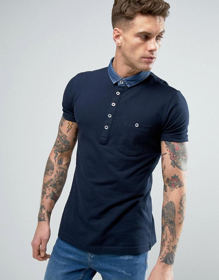 Brave Soul Contrast Denim Collar Polo - Navy