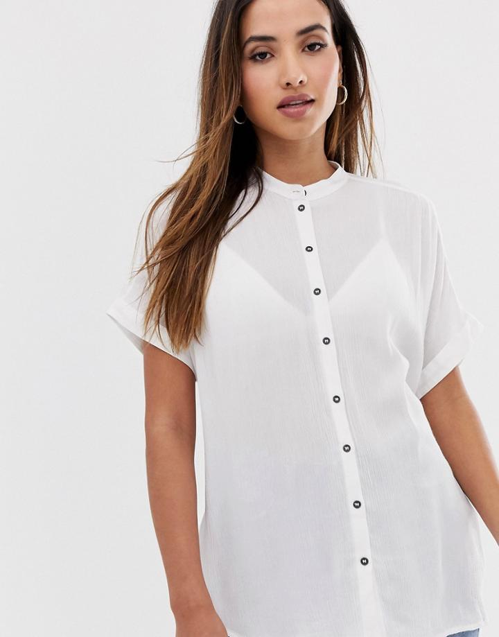 Vila Textured Collarless Cotton Top-white