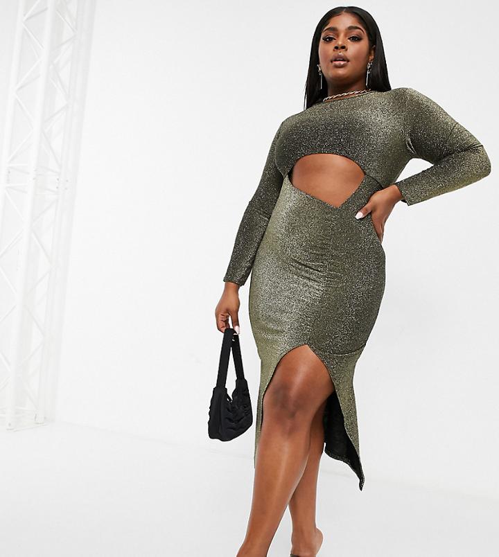 Fashionkilla Plus Glitter Cut Out Long Sleeve Midi Dress In Gold