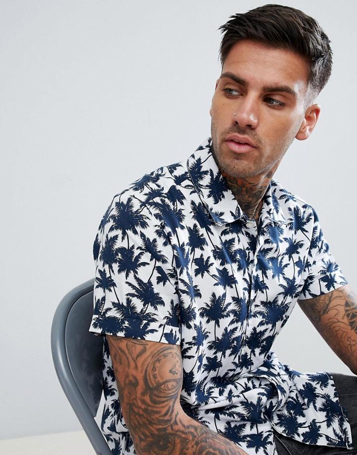 Boohooman Regular Fit Revere Collar Shirt With Palm Print In White - White