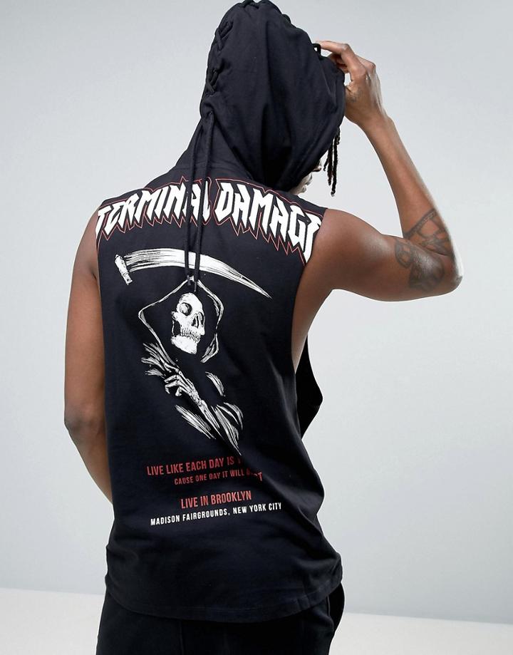 Asos Sleeveless T-shirt With Back Print And Lace Up Hood - Black