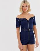 Parisian Off Shoulder Denim Romper With Zip Front And Belt - Blue