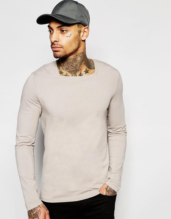 Asos Muscle Long Sleeve T-shirt With Square Neck In Gray - Gray