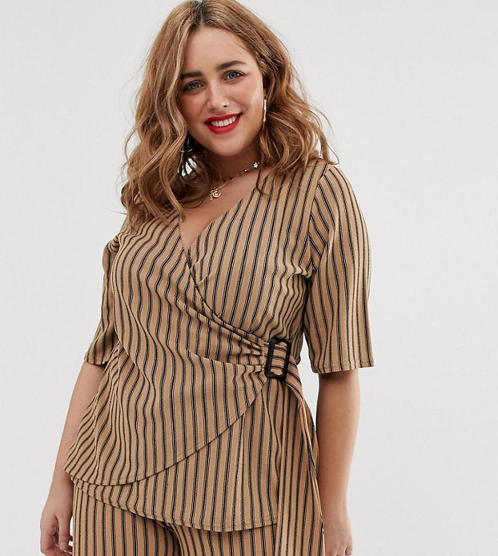 Simply Be Wrap Top Two-piece With Buckle Detail In Camel Stripe-multi