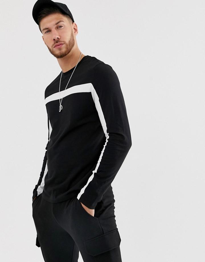 Asos Design Long Sleeve T-shirt With Color Block Panels In Black - Black