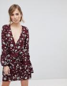 Parisian Floral Wrap Dress With Tie Waist - Red