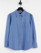 Asos Design Soft Denim Puff Sleeve Shirt In Midwash-blues