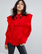 Boohoo Ruffle Shirt With Tassel Collar - Red