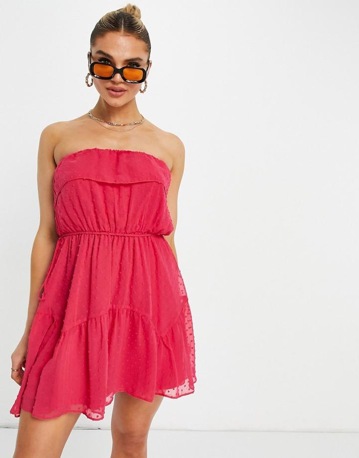 Asos Design Ruffle Bandeau Mini Skate Dress With Belt In Textured Hot Pink