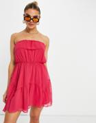 Asos Design Ruffle Bandeau Mini Skate Dress With Belt In Textured Hot Pink