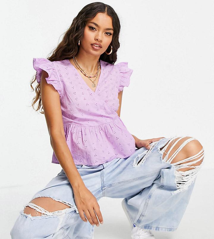 Pieces Petite Organic Cotton Peplum Eyelet Top In Lilac-pink