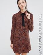 Fashion Union Tall Diana Scarf Neck Dress In Leopard Print - Brown