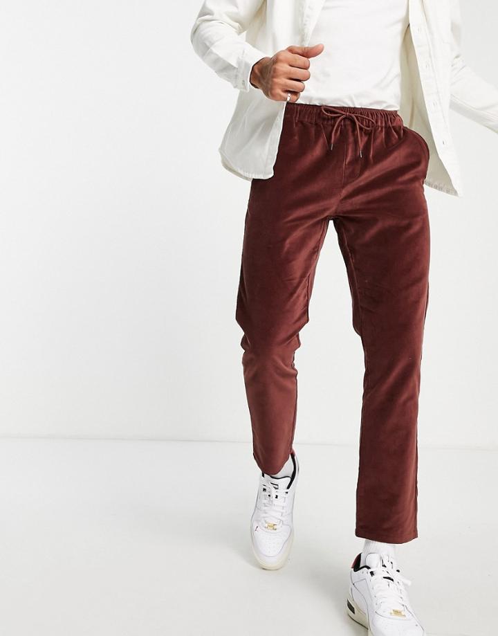 Asos Design Slim Fit Pants In Velvet Look In Burgundy-red
