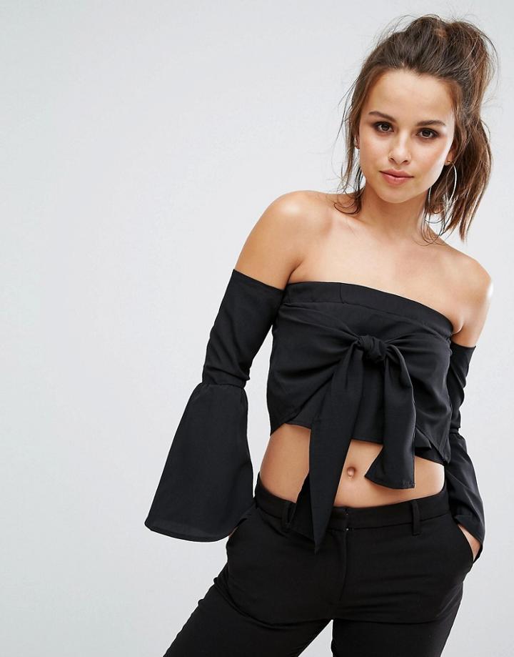 Prettylittlething Flare Sleeve Bardot Crop Top - Black