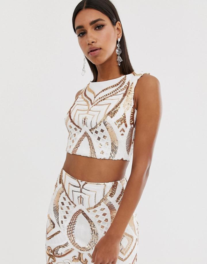 Goddiva High Neck Placement Sequin Crop Top In White And Gold-multi