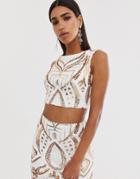 Goddiva High Neck Placement Sequin Crop Top In White And Gold-multi