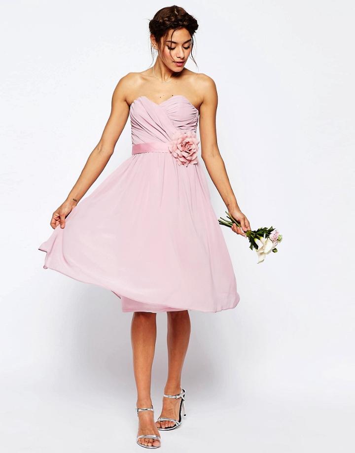 Asos Wedding Chiffon Midi Bandeau Dress With Detachable Corsage Belt - Pink