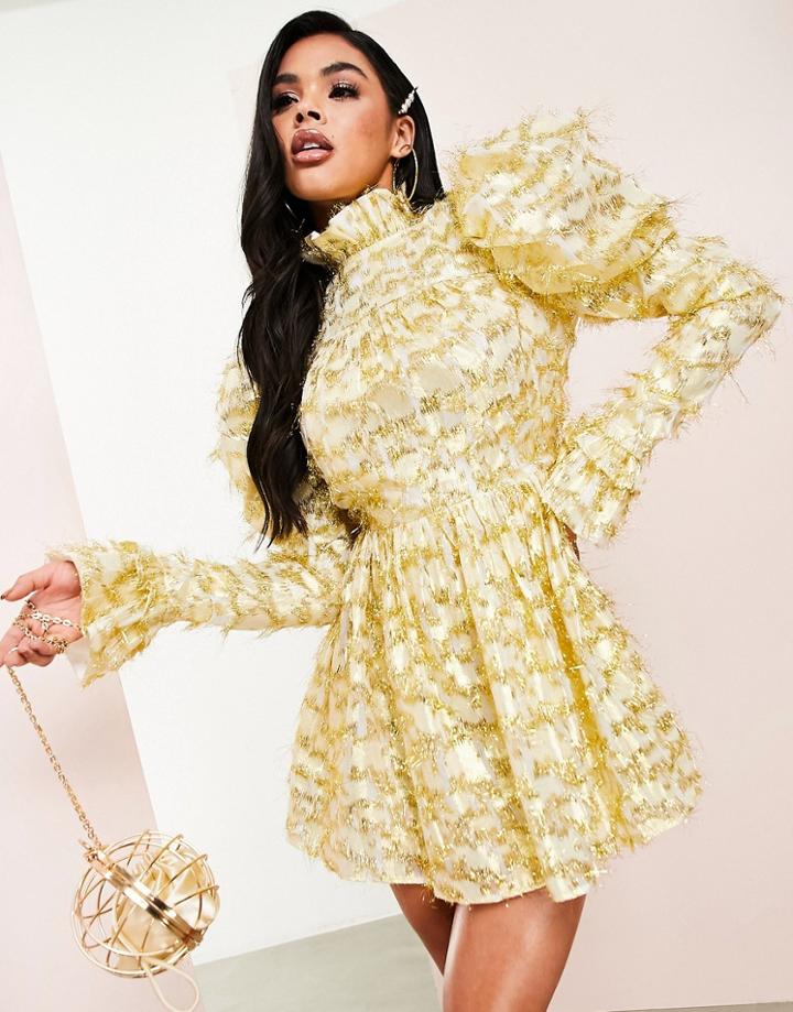 Asos Luxe Jacquard Puff Sleeve Dress In Gold Sparkle