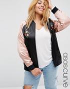 Asos Curve Premium Bomber Jacket With Floral Embroidery - Black