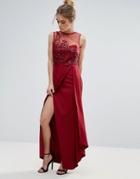 Little Mistress Red Lace Applique Maxi Dress - Red