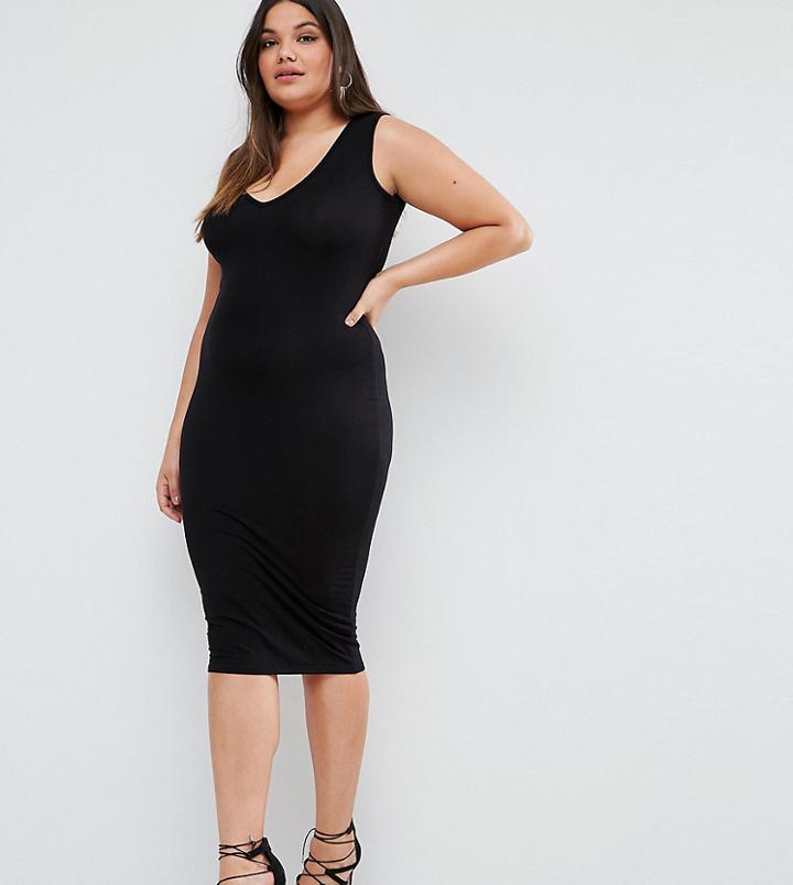 Asos Curve Midi Bodycon Dress With V-neck - Black