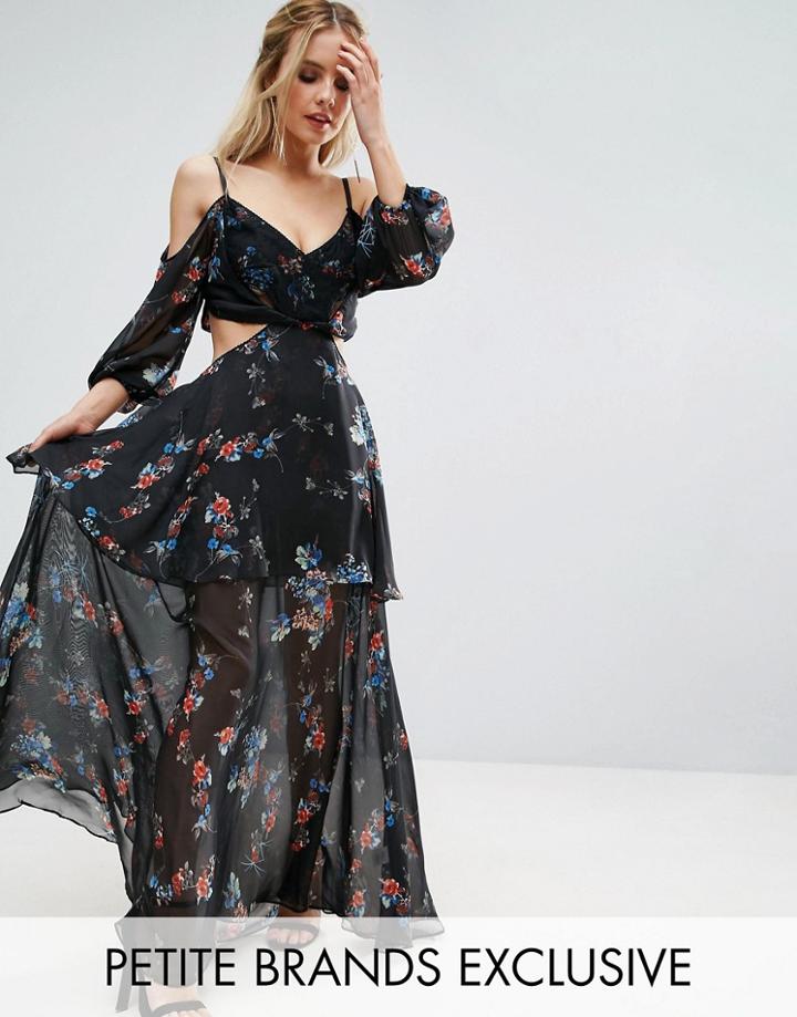 White Cove Petite Premium Cold Shoulder Maxi Dress In All Over Dark Floral Print - Multi