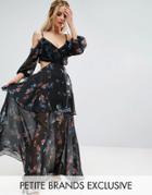 White Cove Petite Premium Cold Shoulder Maxi Dress In All Over Dark Floral Print - Multi