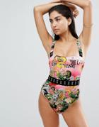 Asos Graphic Tiger Print Hook And Eye Waist Swimsuit - Multi