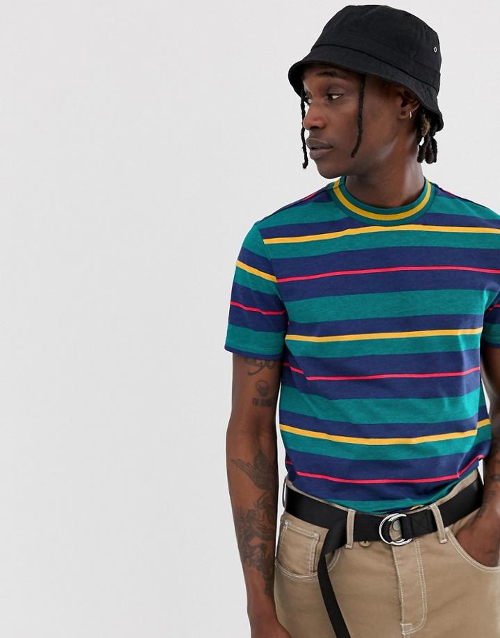 Asos Design Organic Cotton T-shirt With Multi Stripes And Tipping - Green