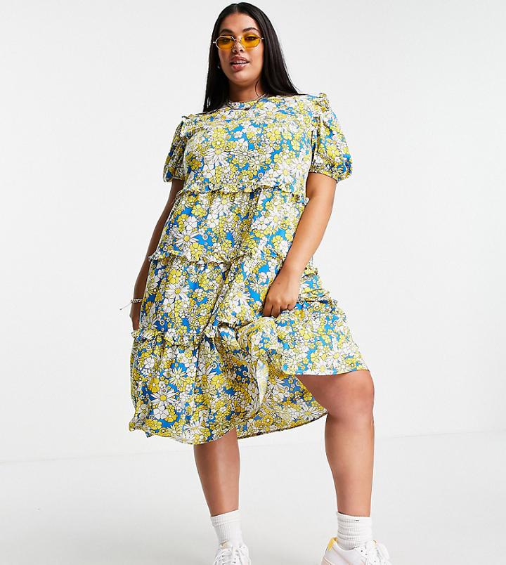 Influence Plus Tiered Midi Dress In Yellow Floral-multi