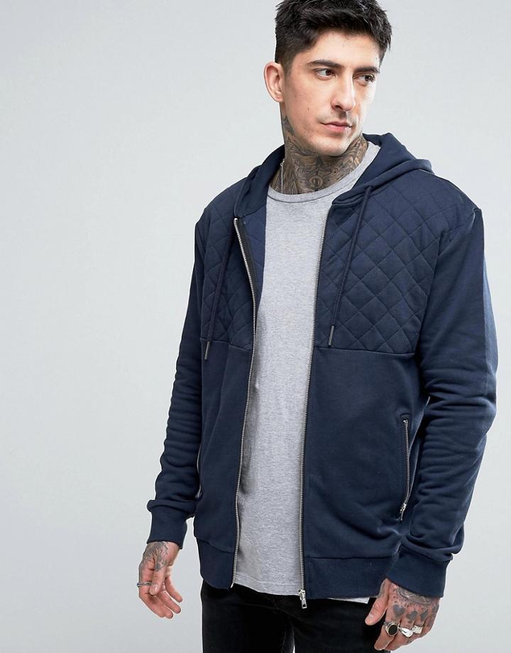 Dead Vintage Zip Thru Hoodie With Quilted Panel - Navy