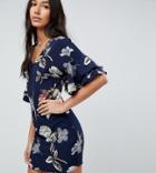 Parisian Tall V Neck Floral Shift Dress With Flare Sleeve - Navy