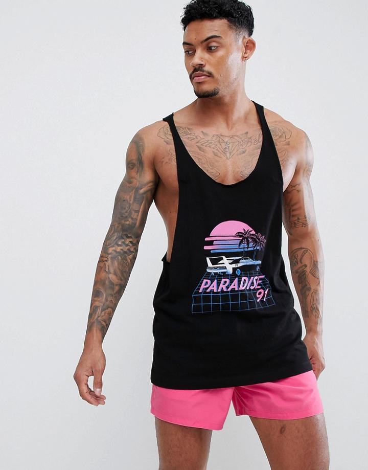 Asos Design Extreme Racer Back Tank With Palm Paradise Print - Black