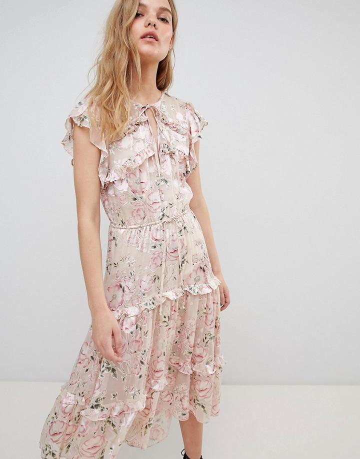 Rahi Cali Floral Midi Dress In Silk Burnout - Pink