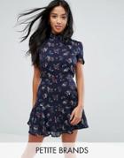 Fashion Union Petite Tea Dress With High Neck In Vintage Floral - Multi