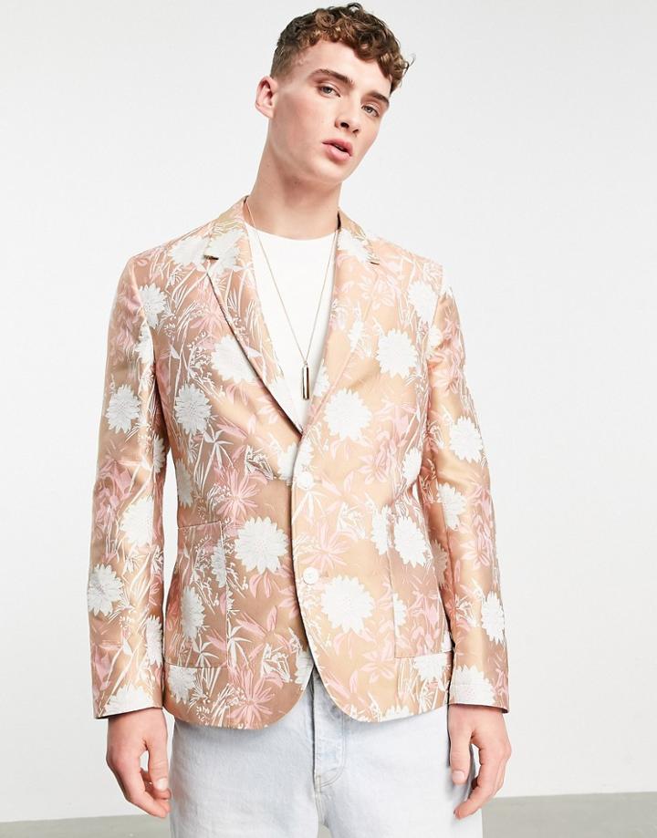 Asos Design Slim Soft Tailored Blazer In Floral Jacquard In Pink