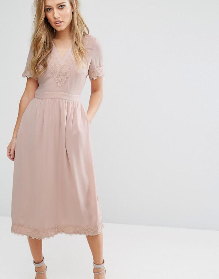 Warehouse Lace V Neck Midi Dress - Pink