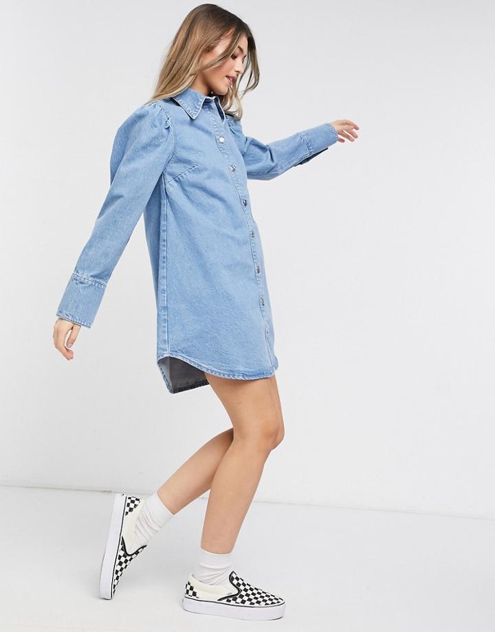 Asos Design Denim Puff Sleeve Shirt Dress In Mid Wash-blues