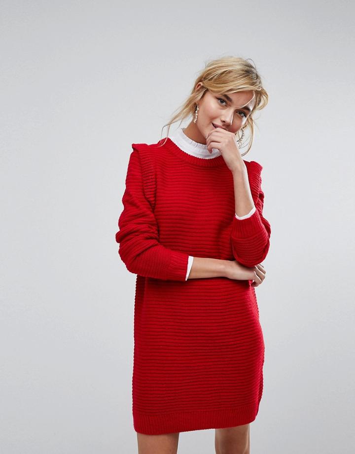 Willow And Paige Ribbed Sweater Dress With Frill Shoulder Detail - Red