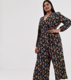 Glamorous Curve Wide Leg Jumpsuit With Tie Front In Bird Floral-black