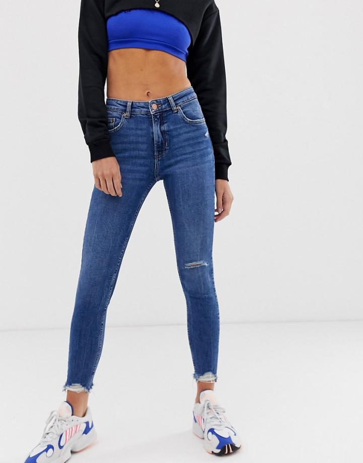 Bershka Distressed Skinny Jean In Dark Blue