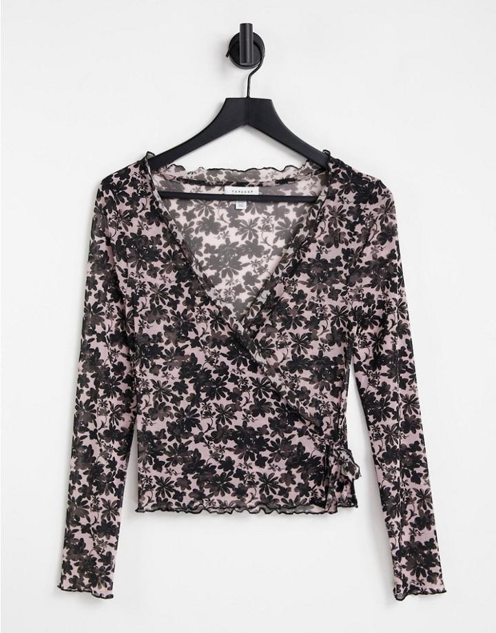 Topshop Floral Mesh Tie Front Cardi In Multi
