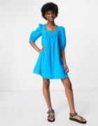 New Look Tie Back Shirred Poplin Mini Dress In Bright Blue-blues