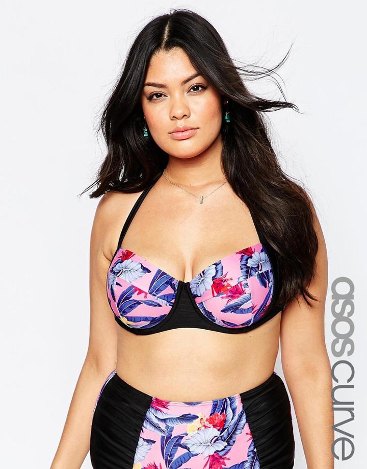 Asos Curve Bright Palm Leaf Print 50s Bikini Top - Bright Palm