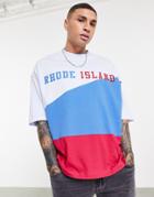 Asos Design Oversized T-shirt In Blue & Red Color Block With Rhode Island Text Print-multi