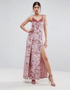Asos Crushed Velvet Maxi Dress With Ties - Pink