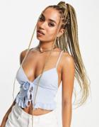 Asos Design Tie Front Ruffle Hem Cami In Pastel Blue-blues