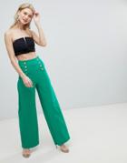 Flounce London Wide Leg Tailored Pants With Gold Button Detail - Green