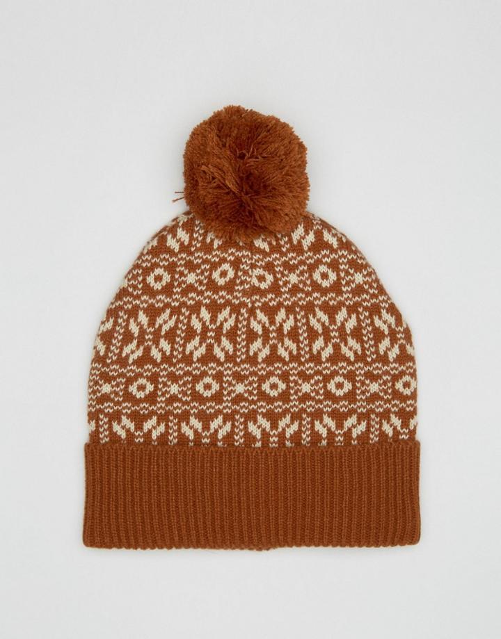 Asos Bobble Beanie In Tobacco Fairisle - Tan