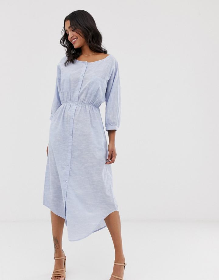 Y.a.s Crew Neck Chambray Maxi Shirt Dress - Blue